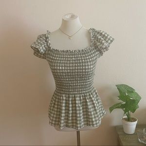 Max Studio Checkered Sage Top